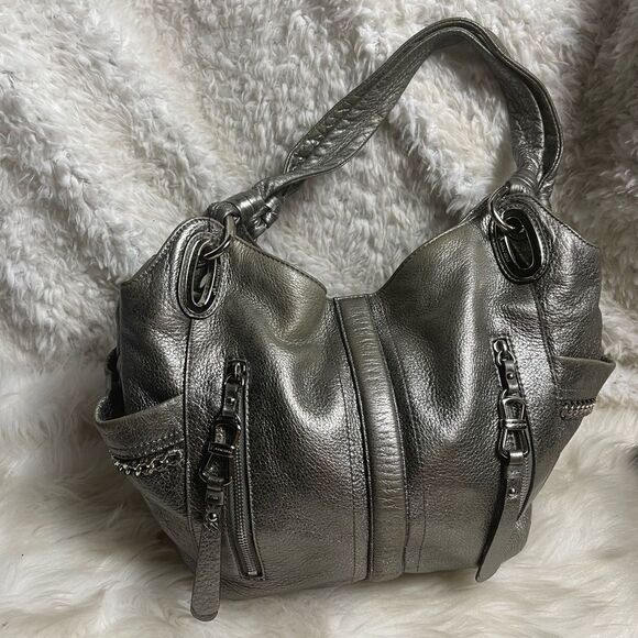B. Makowsky Metallic Silver medium shoulder bag with silver tone chain accents - Picture 6 of 14